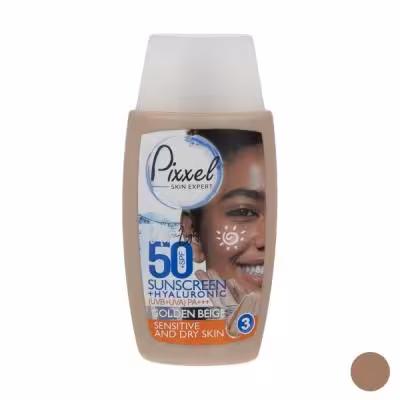 کرم ضد آفتاب رنگی پیکسل، 50 SPF، مدل GOLDEN BEIGE، مناسب پوست نرمال، خشک و حساس تنالیته رنگ تیره و حجم 50 میلی‌لیتر، محافظت کننده در برابر اشعه UVA و UVB، ضد حساسیت،     PA، آبرسان، با ماندگاری 2 ساعته