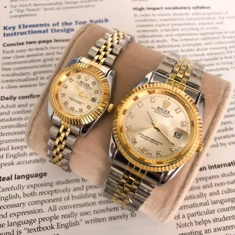 ست ساعت رولکس بنداستیل دورنگ صفحه طلایی شیشه ذره بینی