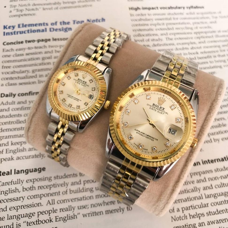 ست ساعت رولکس بنداستیل دورنگ صفحه طلایی شیشه ذره بینی