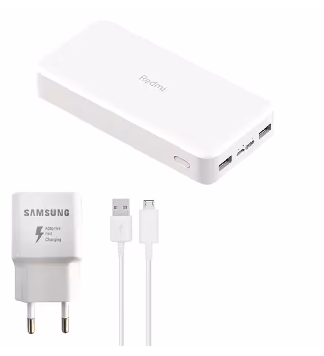 پاوربانک شیائومی مدل Redmi PB200LZM ظرفیت 20000 میلی آمپر ساعت به همراه شارژر دیواری سامسونگ و کابل تبدیل