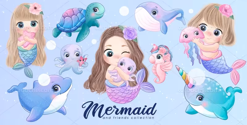وکتور دخترانه فانتزی با حیوانات دریایی | گرافیک با طعم تربچه
