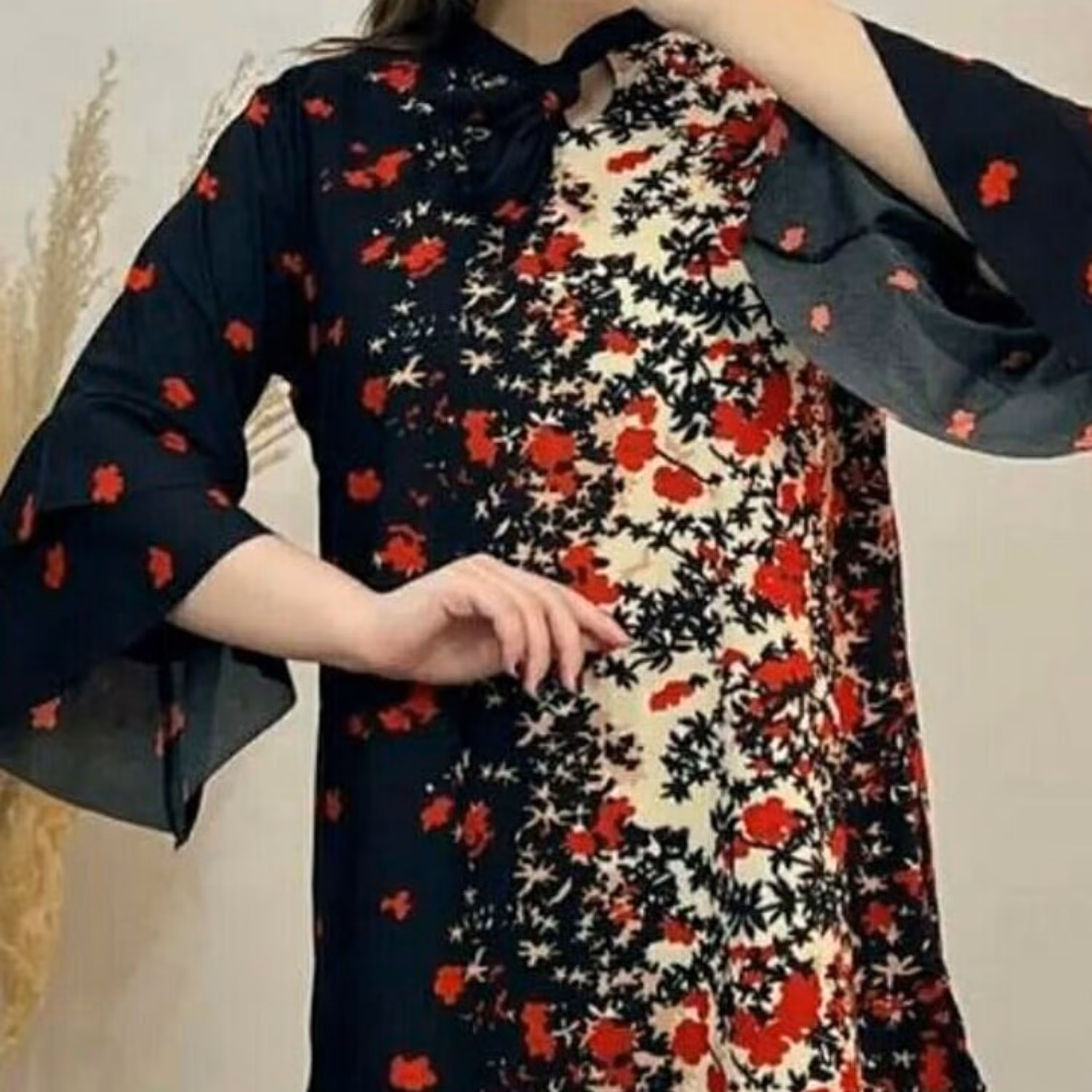 تونیک گل بهاری یقه کراواتی آستین دو کلوش