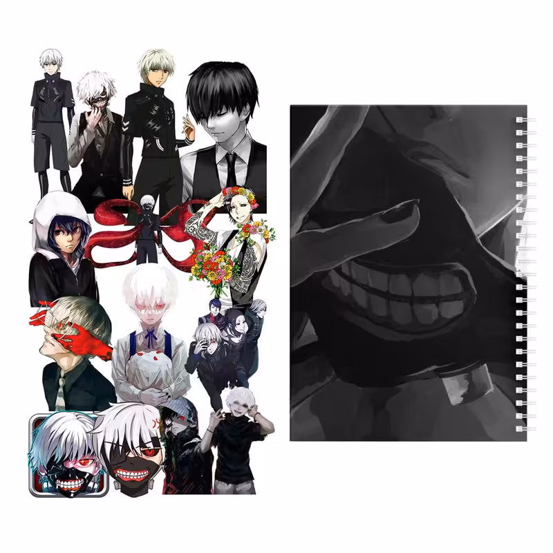 دفتر مشق باژیکان طرح انیمه توکیو غول Tokyo Ghoul کد 20211489 به همراه استیکر لپ تاپ مجموعه 14 عددی