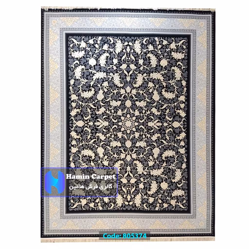 فرش 4 متری 700شانه تراکم 2550 نخ آکلریک رنگ زمینه سرمه ای طلاکوب کد AR805374