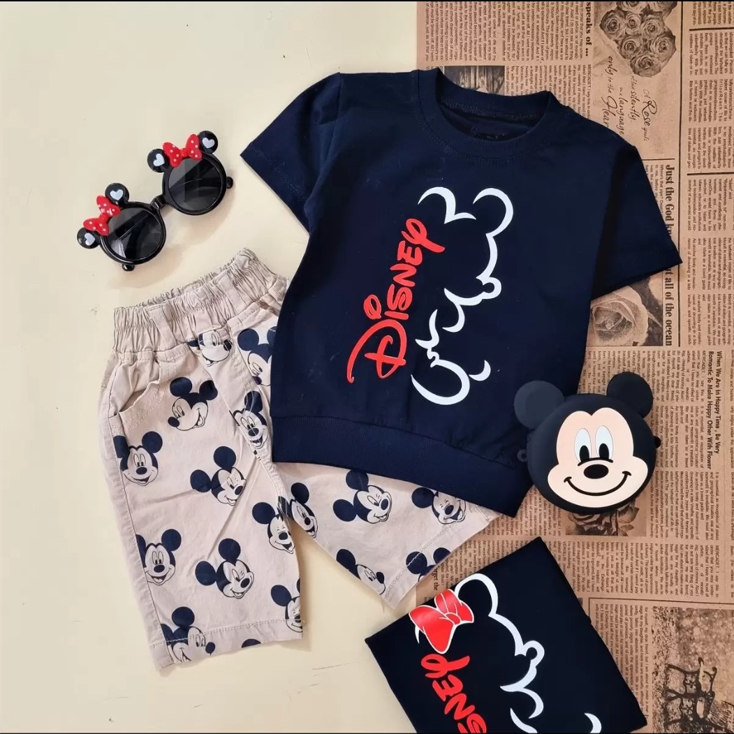 تیشرت و شلوارک کتان پسرانه 2 ماه تا 3 سال طرح میکی موس ارسال رایگان 