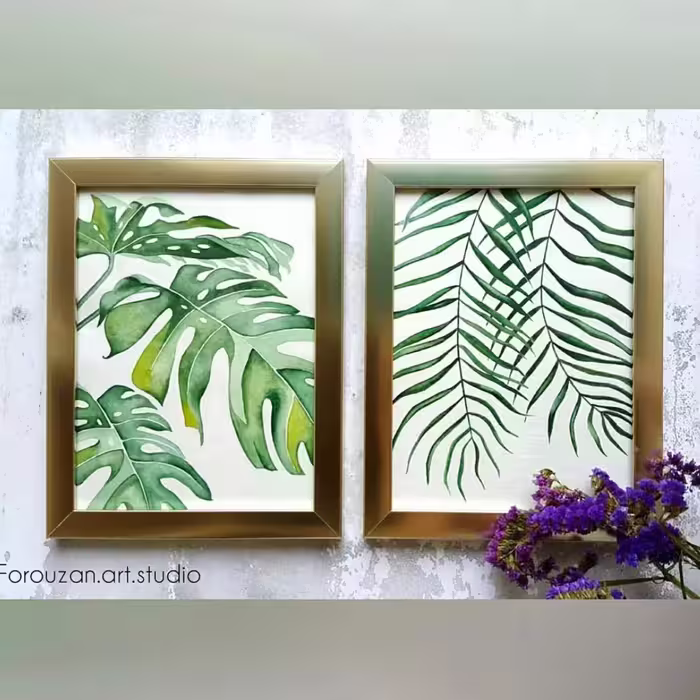تابلو نقاشی  آبرنگ مجموعه دوتایی طرح برگ