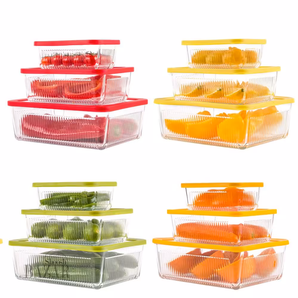 ست ظرف شیشه ای لیمون درب دار شیاردار مستطیل 6پارچه تم رنگ