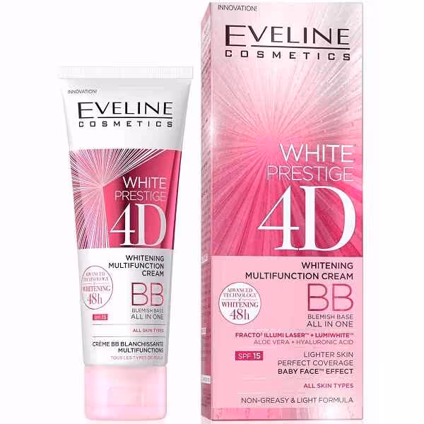 بی بی کرم روشن کننده اولاین EVELINE مدل وایت پرستیژ WHITE PRESTIGE 4D حجم 50 میل | آرایشی
