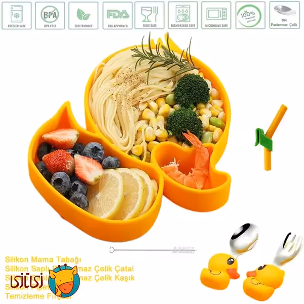 ست ظرف سیلیکونی و قاشق و چنگال استیل سیلیکونی jojobebek مدل جوجه