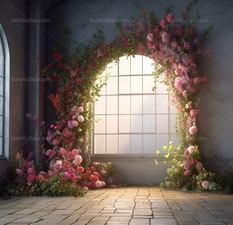 بک دراپ عکاسی با گل های صورتی و برگ های سبز | گرافیک با طعم تربچه