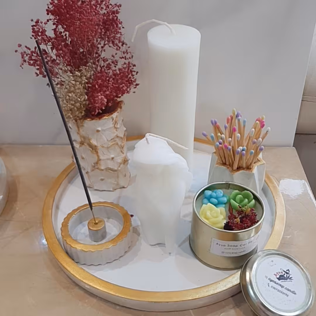 ست شمع و سینی سفید طلایی بتنی 
