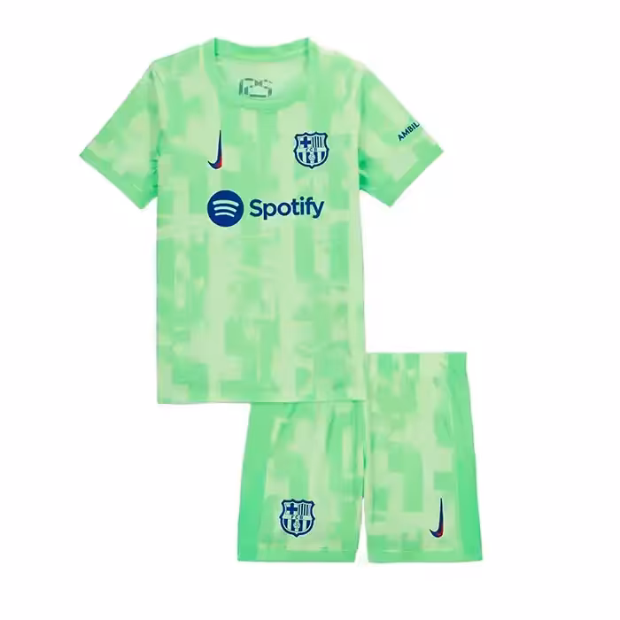کیت سوم بچه گانه بارسلونا 2025 ست پیراهن و شورت با لوگوی دوختی و تایلندی