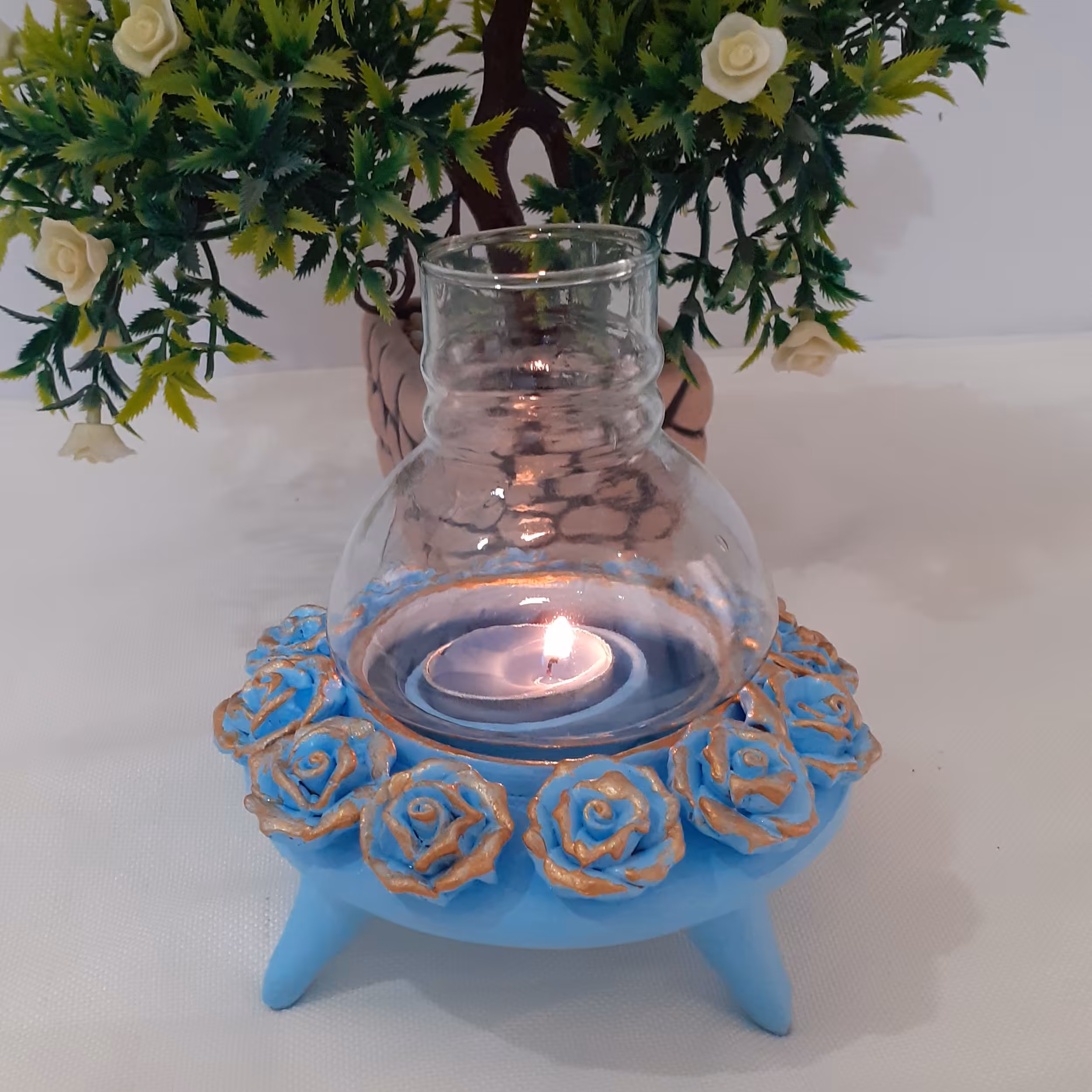 چراغ وارمری سه پایه یاجاشمعی وارمردار سفالی با رنگ اکلرولیک رنگ شده وضداب شده