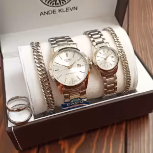 ساعت ست زنانه و مردانه طرح کاسیو همراه باست انگشتر و دستبند