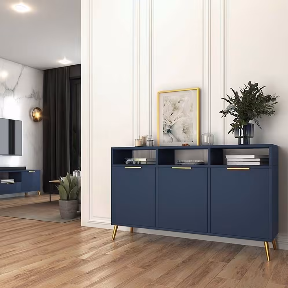 میز کنسول  سرمه ای  روکش سوپر مات  3 کمد پایه فلزی طلایی 