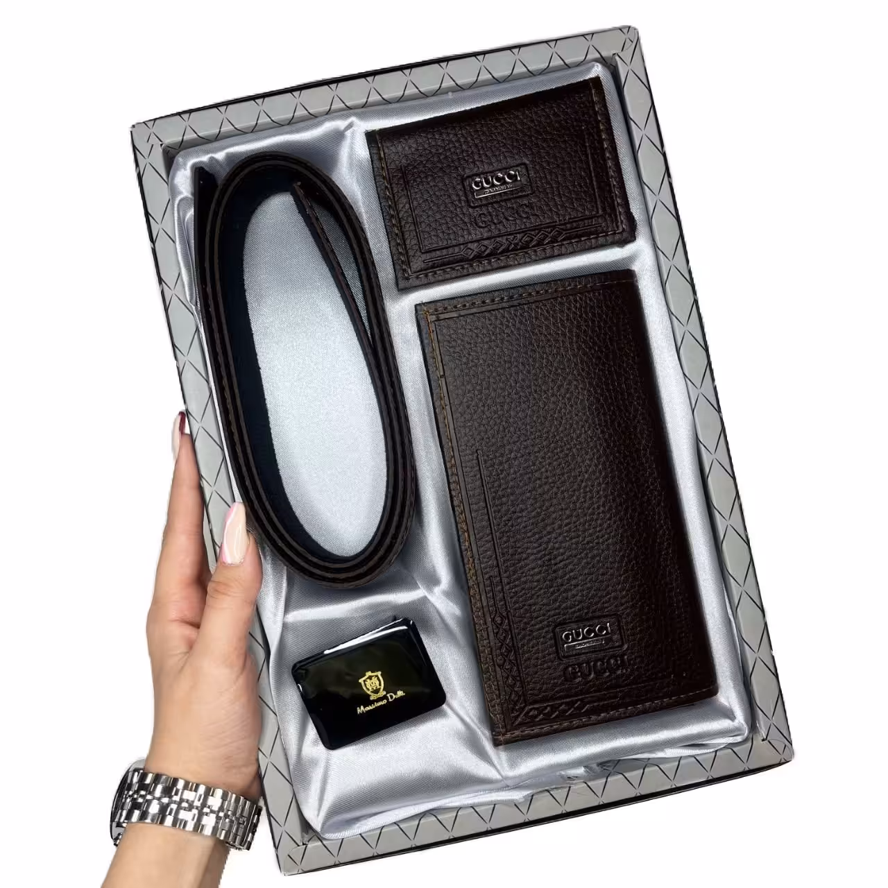 ست کیف پول و کمربند  و جاکارتی مشکی برند GUCCI