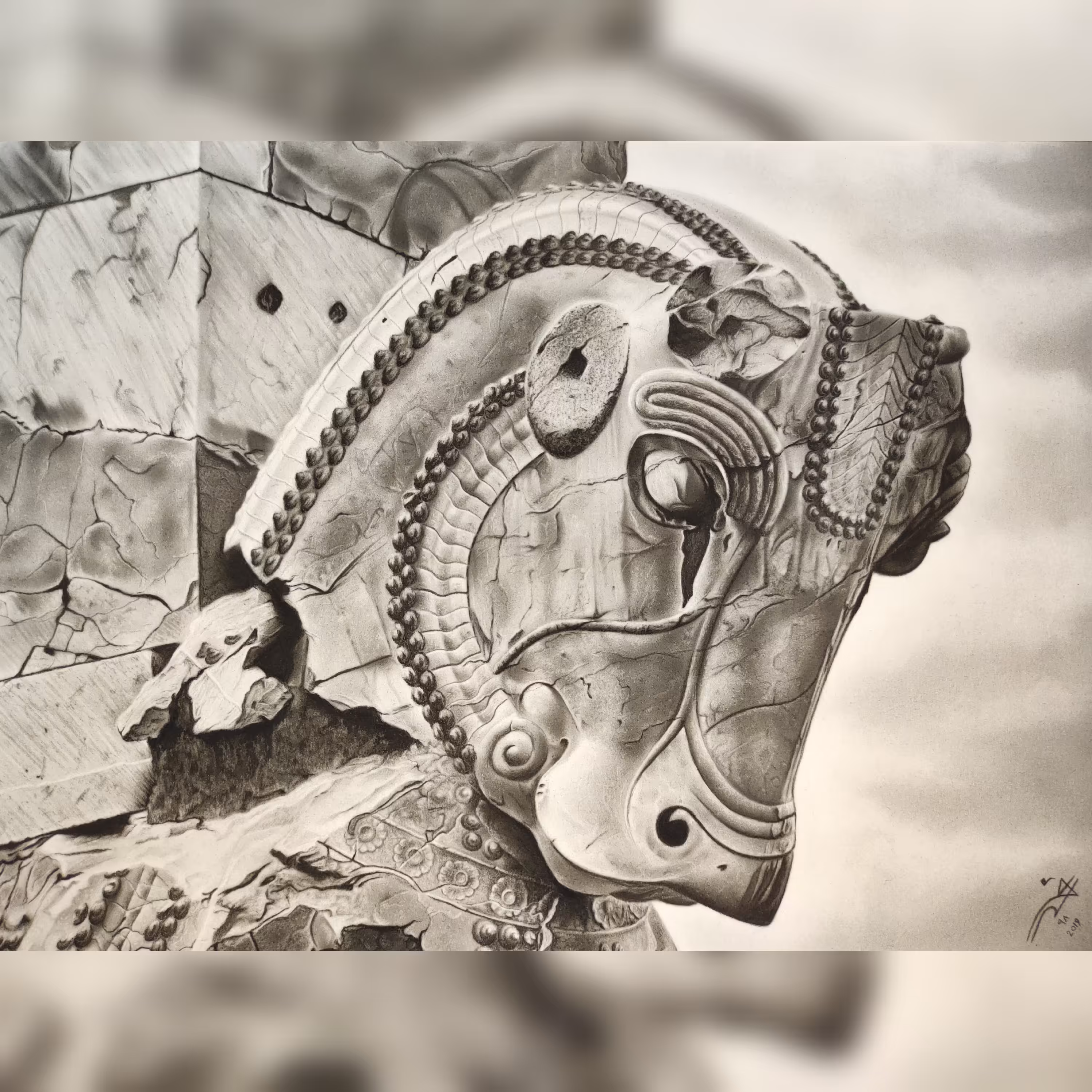 تابلو نقاشی سیاه قلم طرح سرستون تخت جمشید