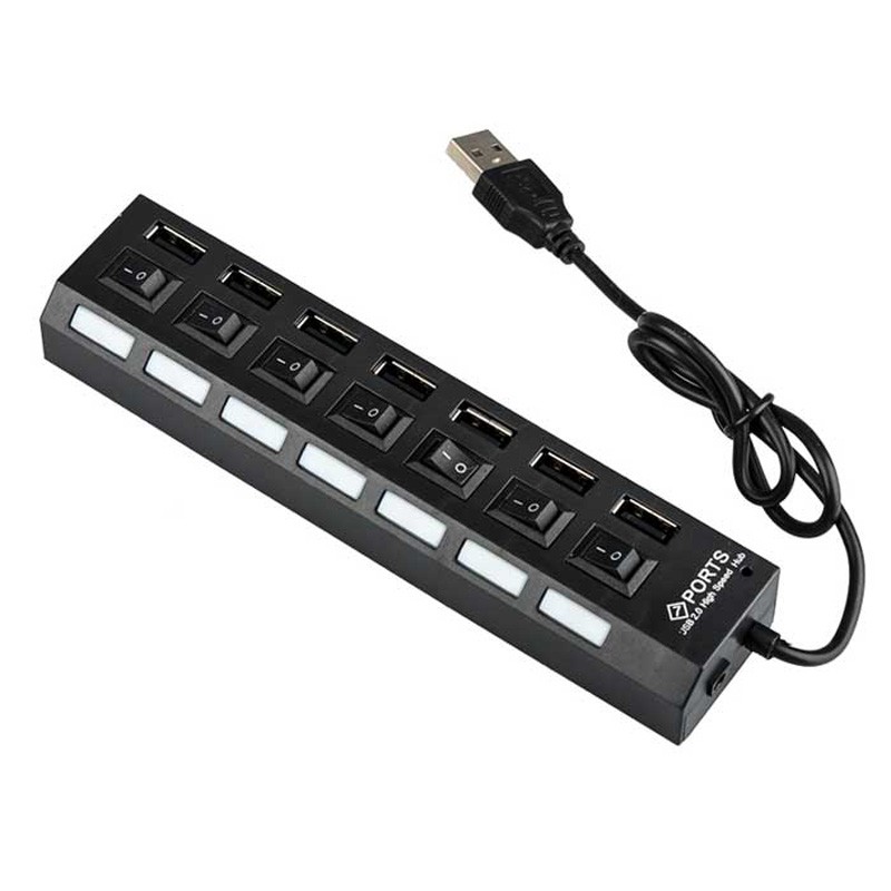 هاب 7 پورت usb20 کلید دار چراغ دار رنگ مشکی
