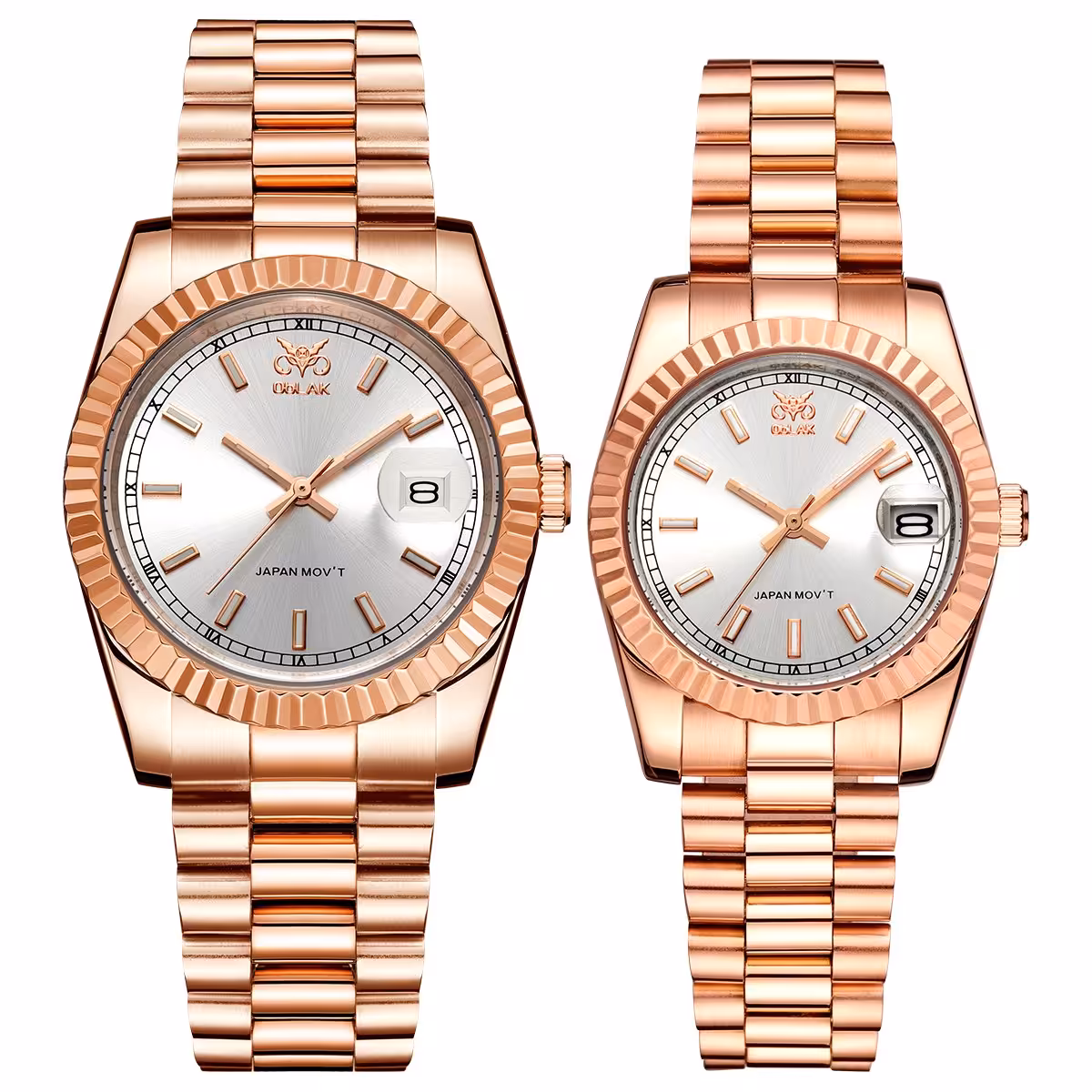 ست ساعت مچی عقربه ای زنانه و مردانه اوبلاک مدل 72692 رنگ رزگلد صفحه نقره ای