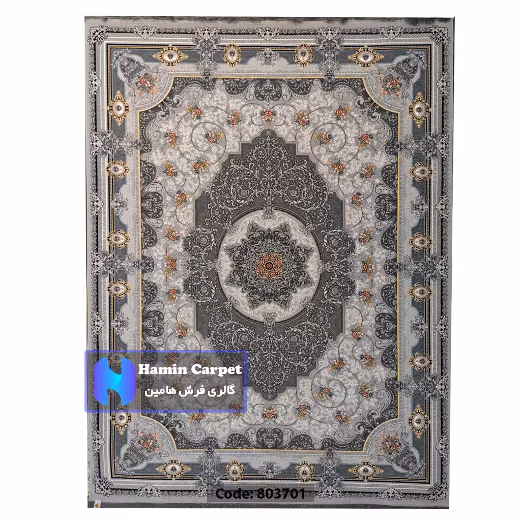 فرش 12 متری 700شانه تراکم 2550 نخ آکلریک رنگ زمینه نقره ای متالیک کد AR803701