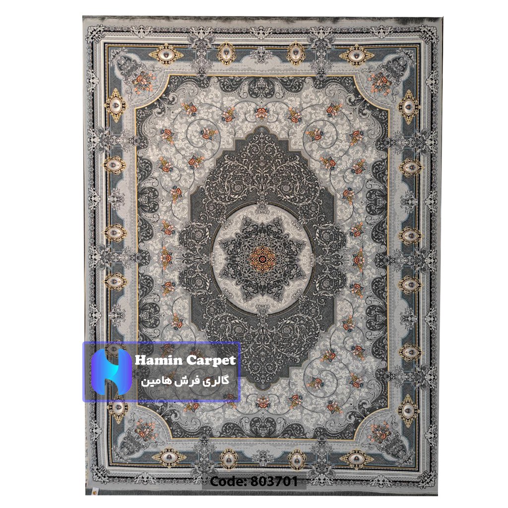 فرش 12 متری 700شانه تراکم 2550 نخ آکلریک رنگ زمینه نقره ای متالیک کد AR803701