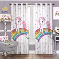 پرده اتاق خواب کودک دو قواره پانچ طرح اسب تک شاخ و رنگین کمان کد S2791