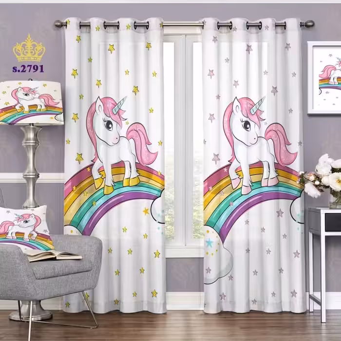 پرده اتاق خواب کودک دو قواره پانچ طرح اسب تک شاخ و رنگین کمان کد S2791