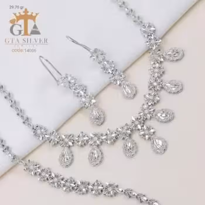 سرویس تراش نقره جواهری طرح طلا سفید و ظریف عیار 925 کد 14006