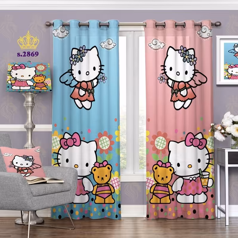 پرده اتاق خواب دخترانه دو قواره طرح هلو کیتی کد S2869