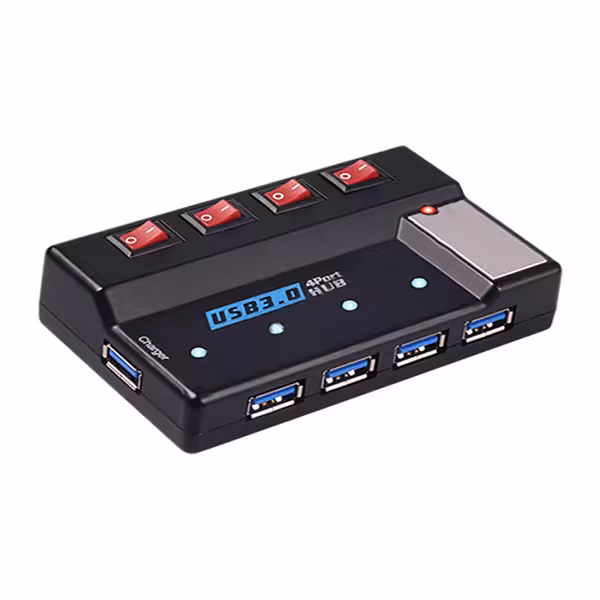 هاب 4 پورت USB3.0 سوئیچ دار همراه پورت شارژ و آداپتور فرانت مدل Faranet USB 3.1 4port HUB FN-U3H350S