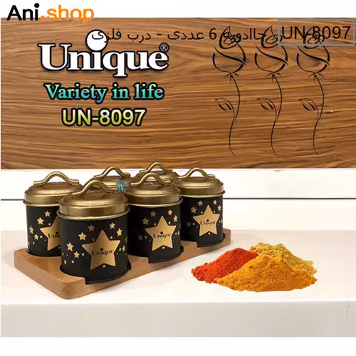 جا ادویه 6 تایی درب طلا با پایه بامبو مدل UN-8097 کد 304