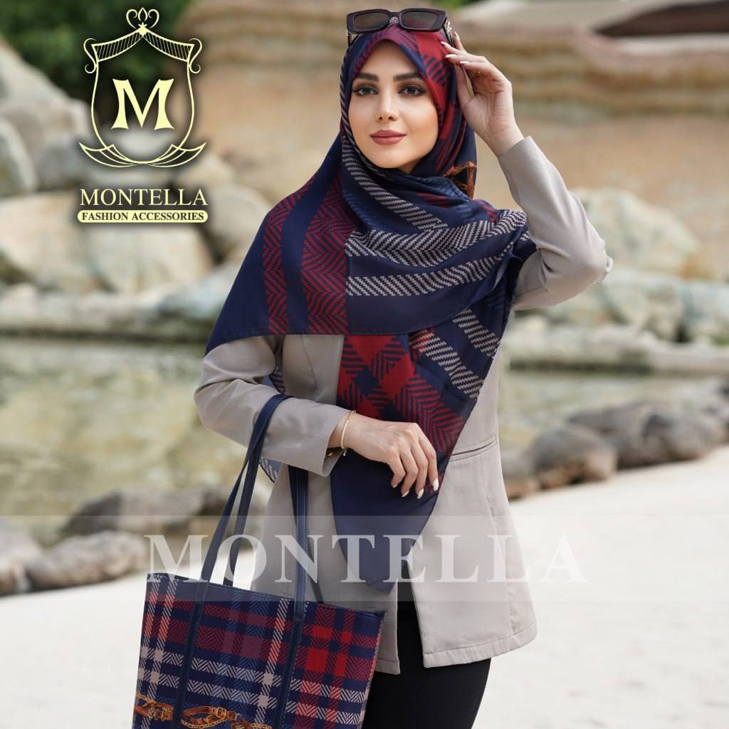 ست کیف مخمل و روسری نخی برند مونتلا طرح کمربندی زرشکی سرمه ای(ارسال به سراسر کشور)