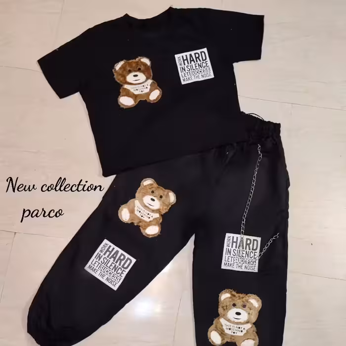 ست کراپ و شلوار جاگر طرح تدی تک رنگ قد شلوار 90