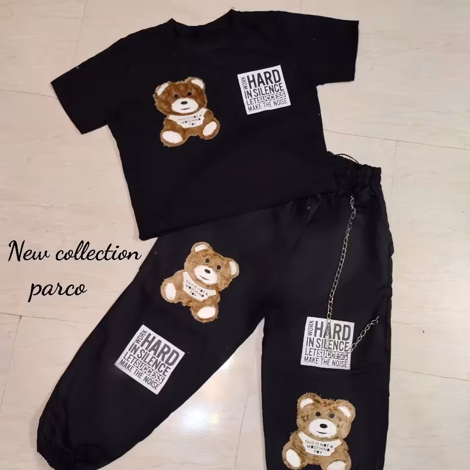 ست کراپ و شلوار جاگر طرح تدی تک رنگ قد شلوار 90