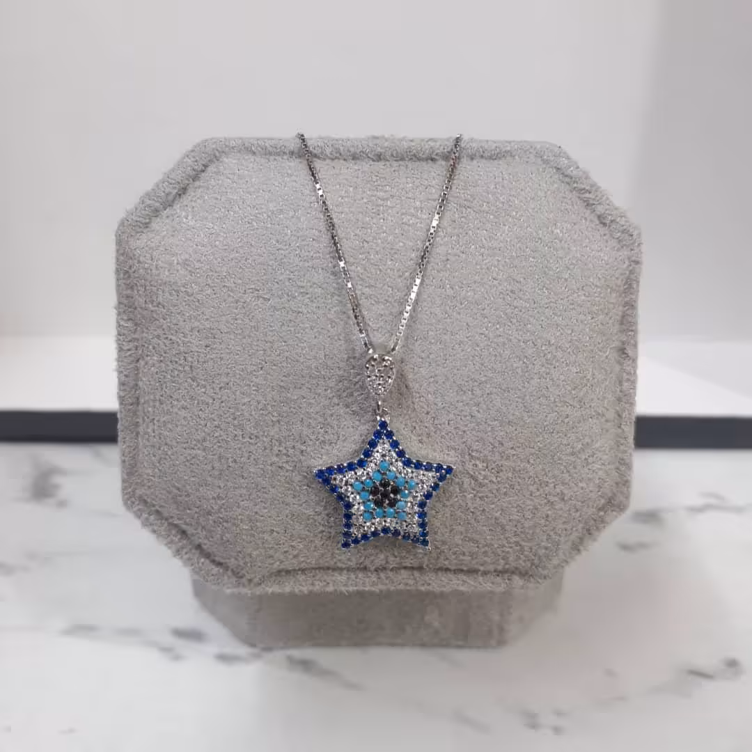 گردنبندنقره زنانه ستاره چشم نظر سایز بزرگ ،عیار 925 و آبکاری طلا سفید