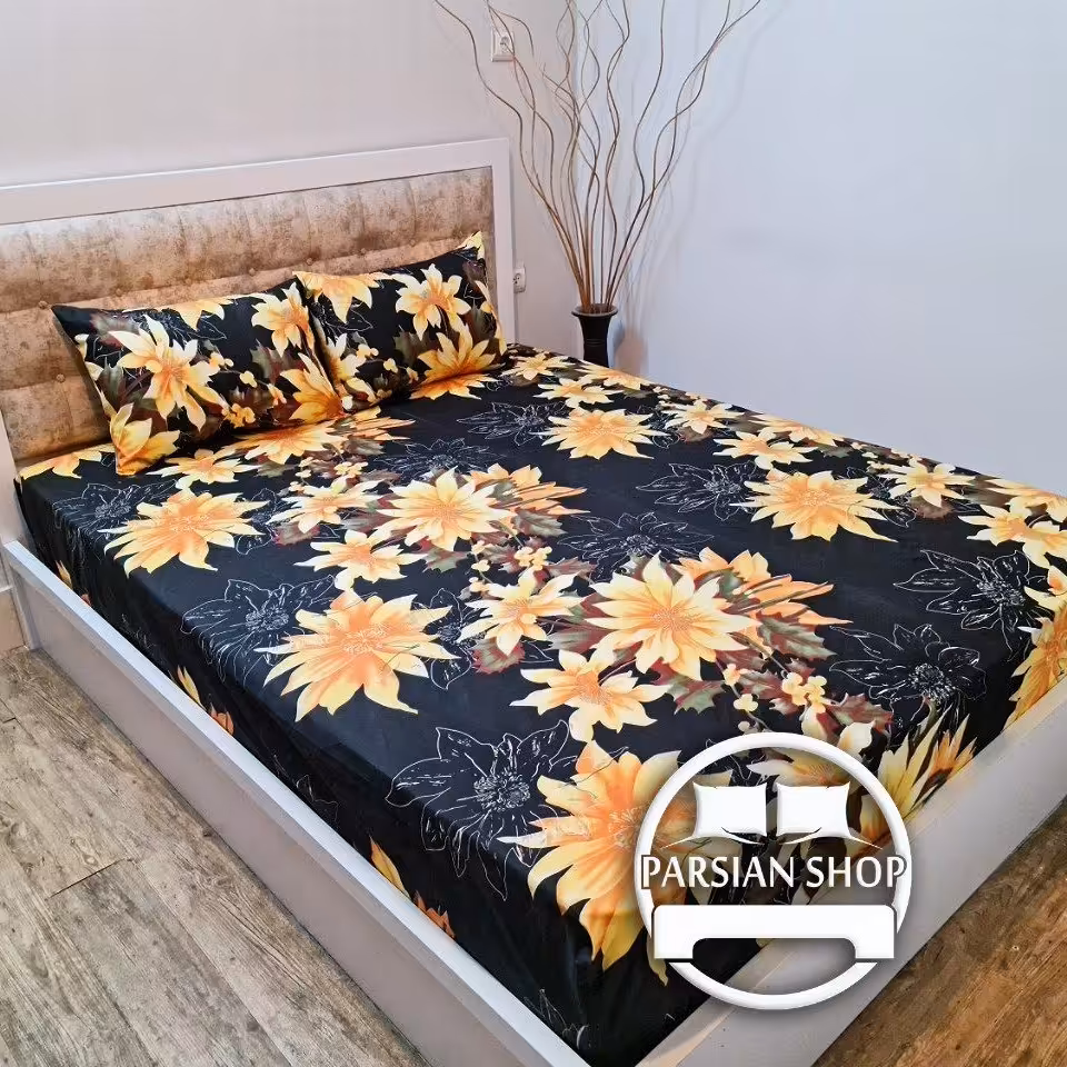 نیم ست ملحفه کشدار خوشخواب   رو تختی تمام کش  دونفره طرح دار  گل آفتابگردون 3 تکه نخی
