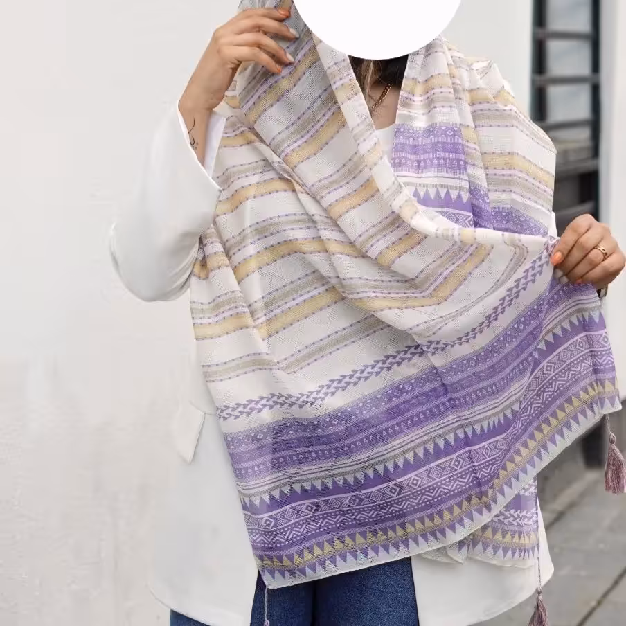 شال نخی طرح گندمی منگوله دار با دو رنگ بنفش و سبز به همراه ارسال رایگان