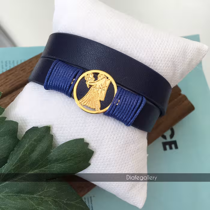 دستبند چرم ماه تولد شهریور چرم دوردیفه پلاک ماه تولد استیل رنگ ثابت