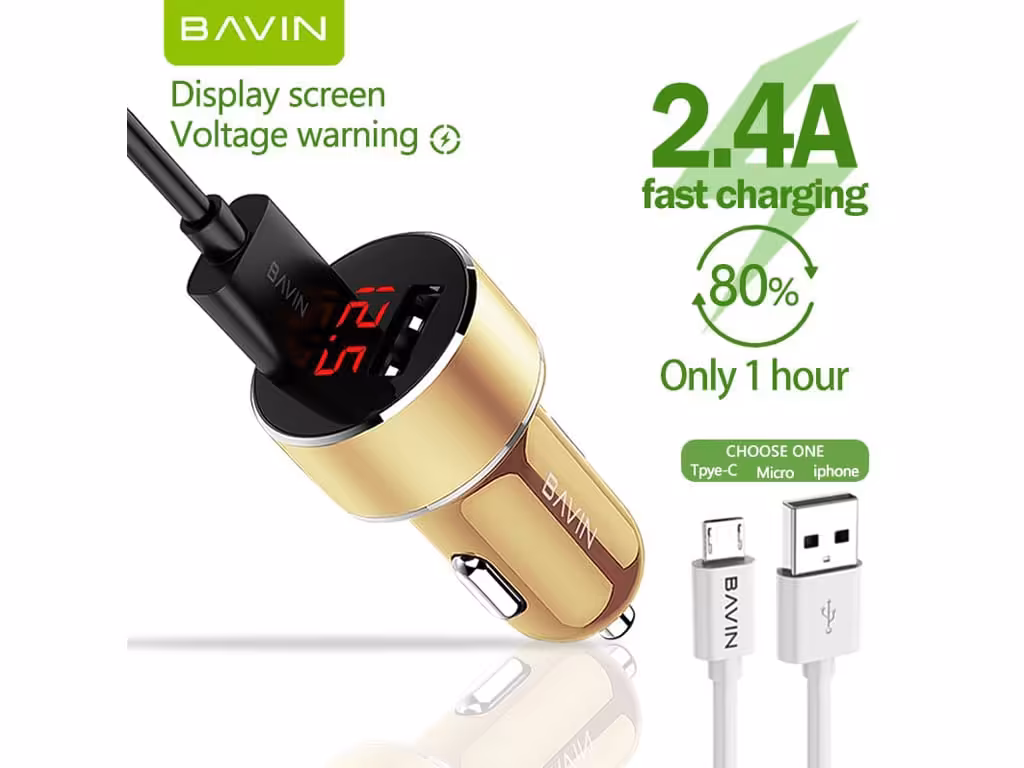 شارژر فندکی یواس‌بی با کابل میکرو باوین BAVIN PC373 2.4A Digital Power Indicator Car Charger Dual USB Port 12W
