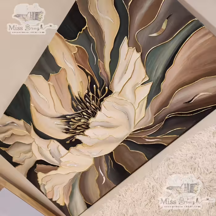 تابلو گل پهن آیینه کاری شده رنگ کرم سبز (120 در 70 سانت)