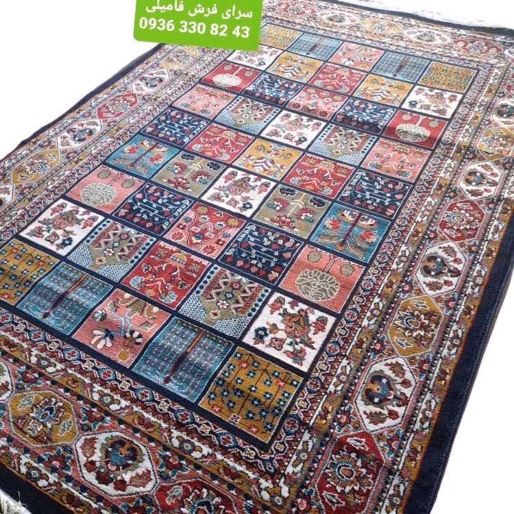 فرش گبه9متری طرح خشتی رنگ سرمه ای