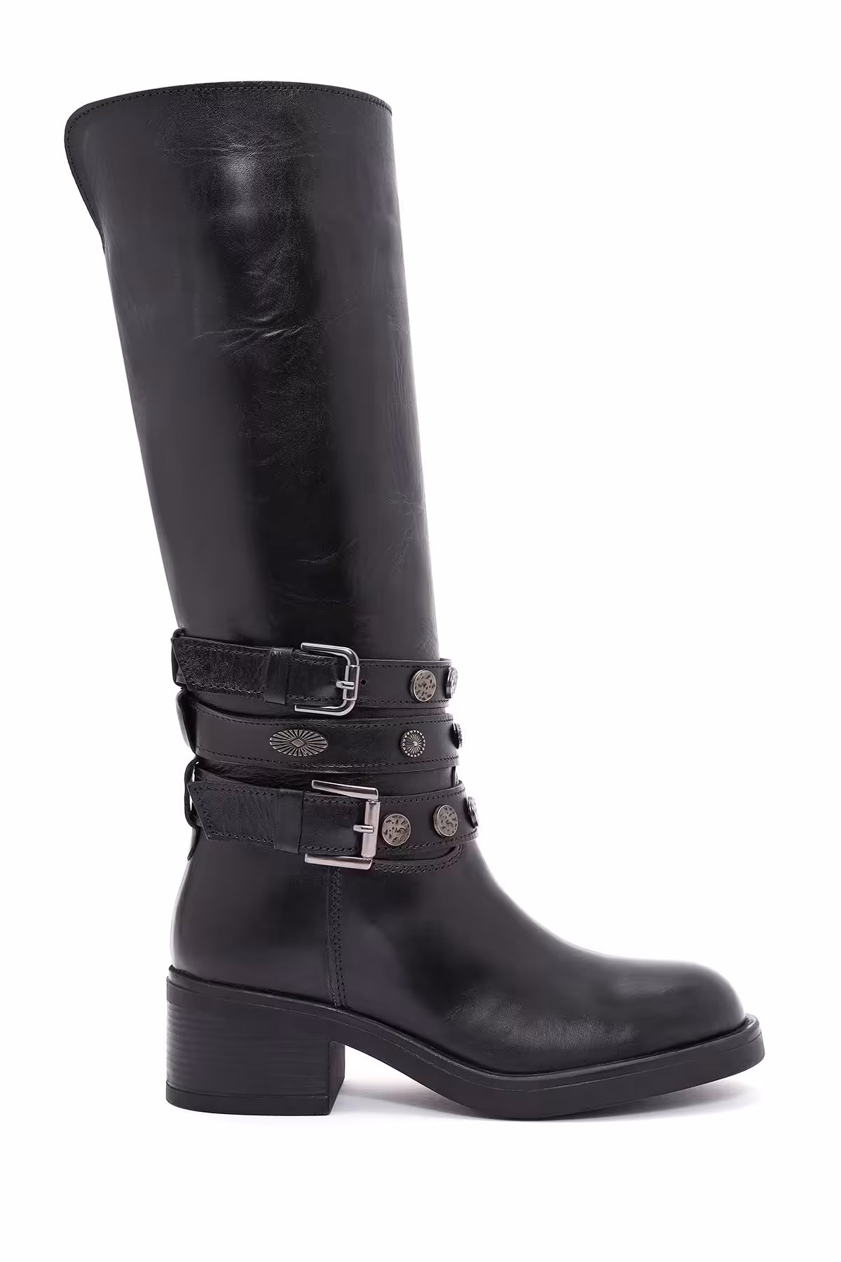 چکمه مشکی زنانه های چرمی دوچرخه سواری سیاه Derimod