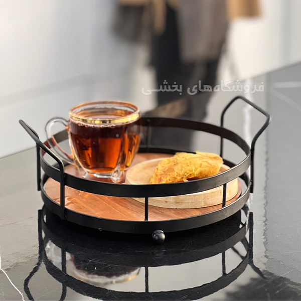 سبد پذیرایی گرد فلزی مدل کف چوبی