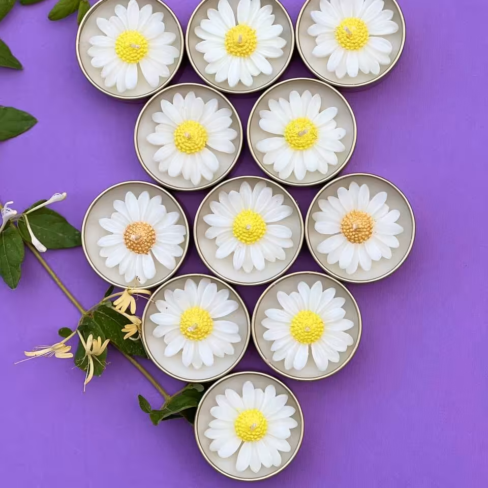 شمع قوطی فلزی گل بابونه قابل سفارش در رنگ های دلخواه.  مناسب برای هدیه دادن