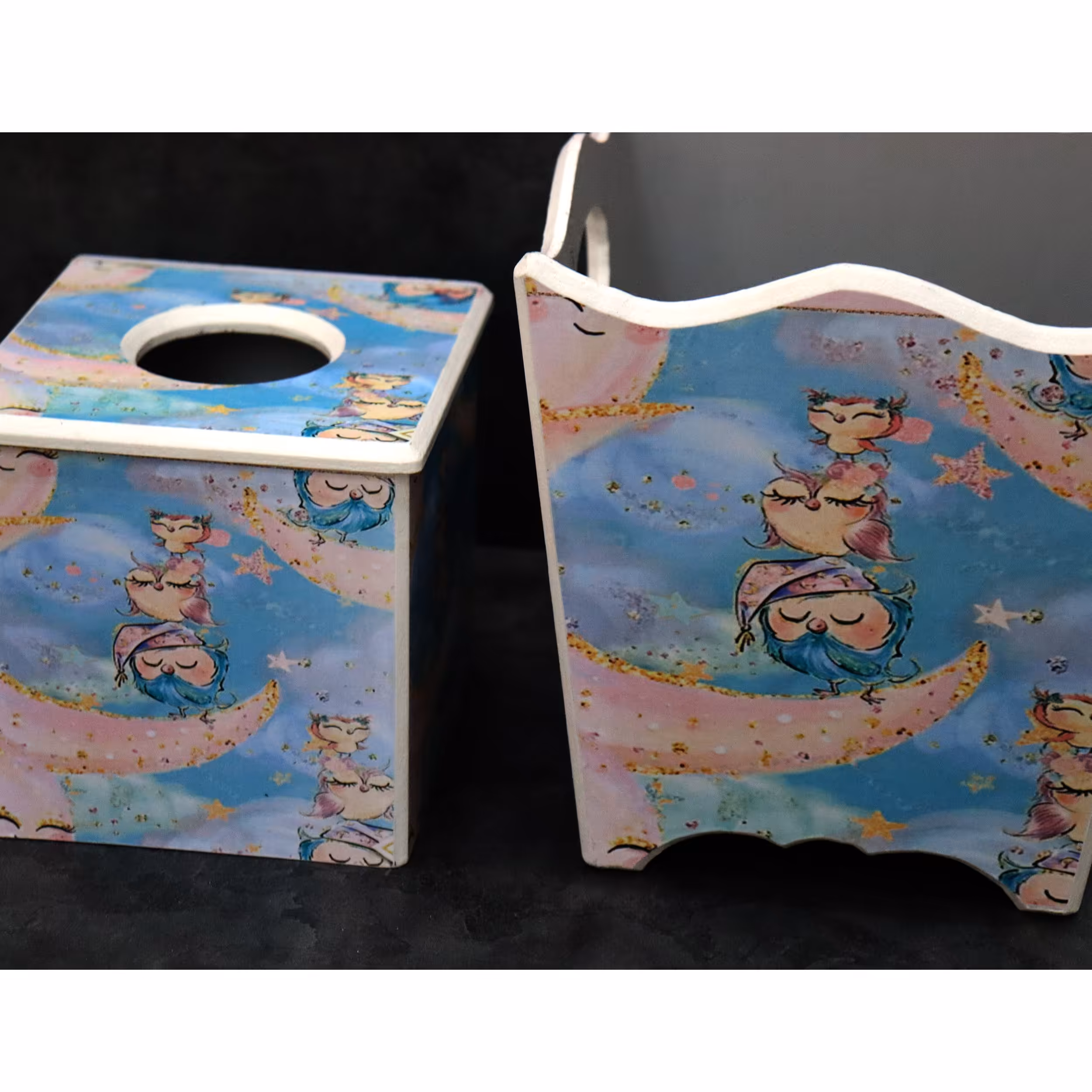 ست سطل جادستمال چوبی طرح جغد  سایز سطل 26در2و سایز جادستمال15در15