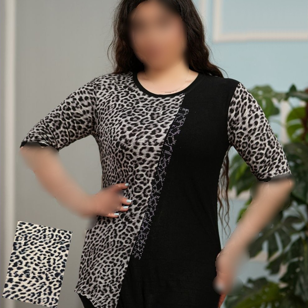 بلوز زنانه نخی طرح پلنگی سه ربع