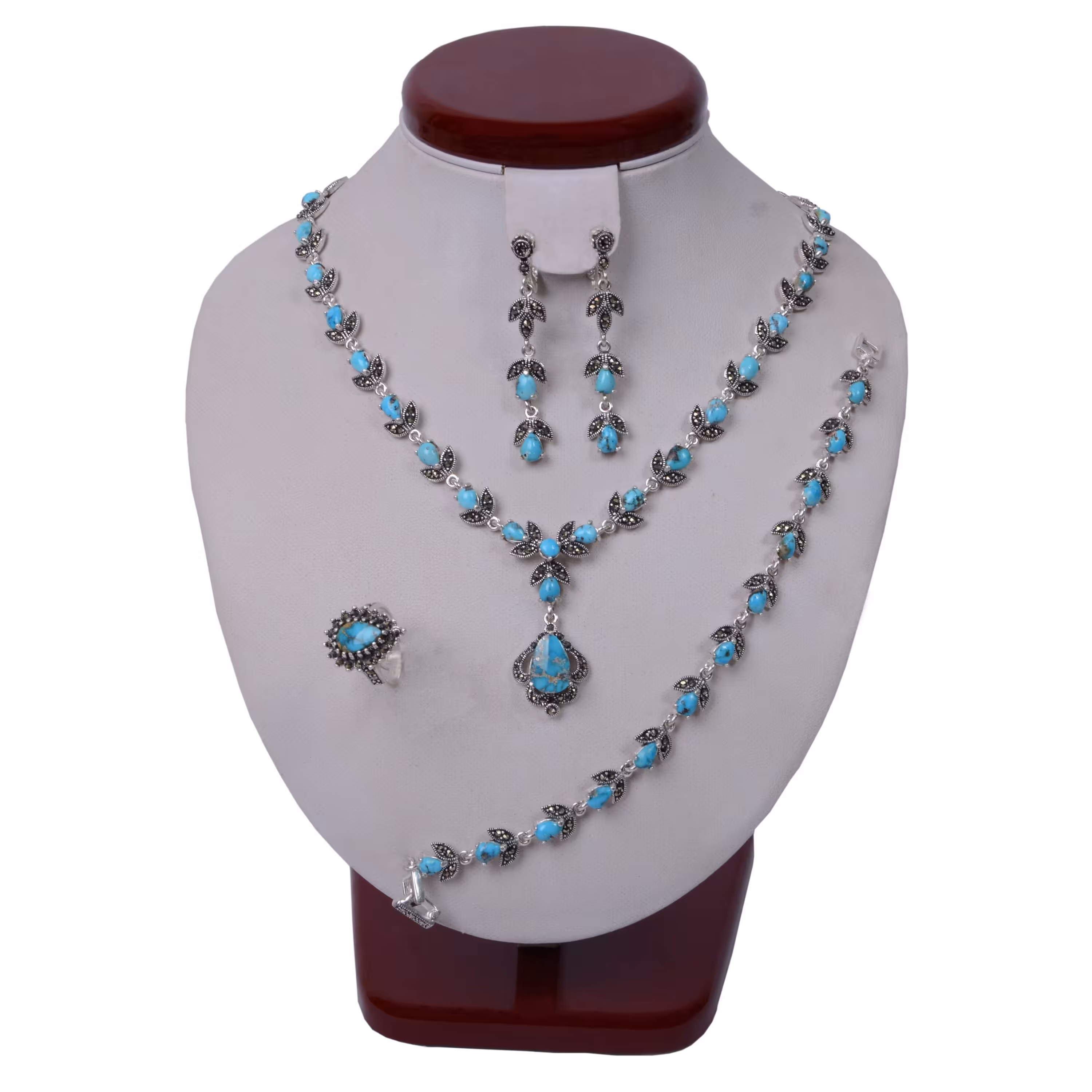 ست زنانه فیروزه و نقره طرح اشک و برگ