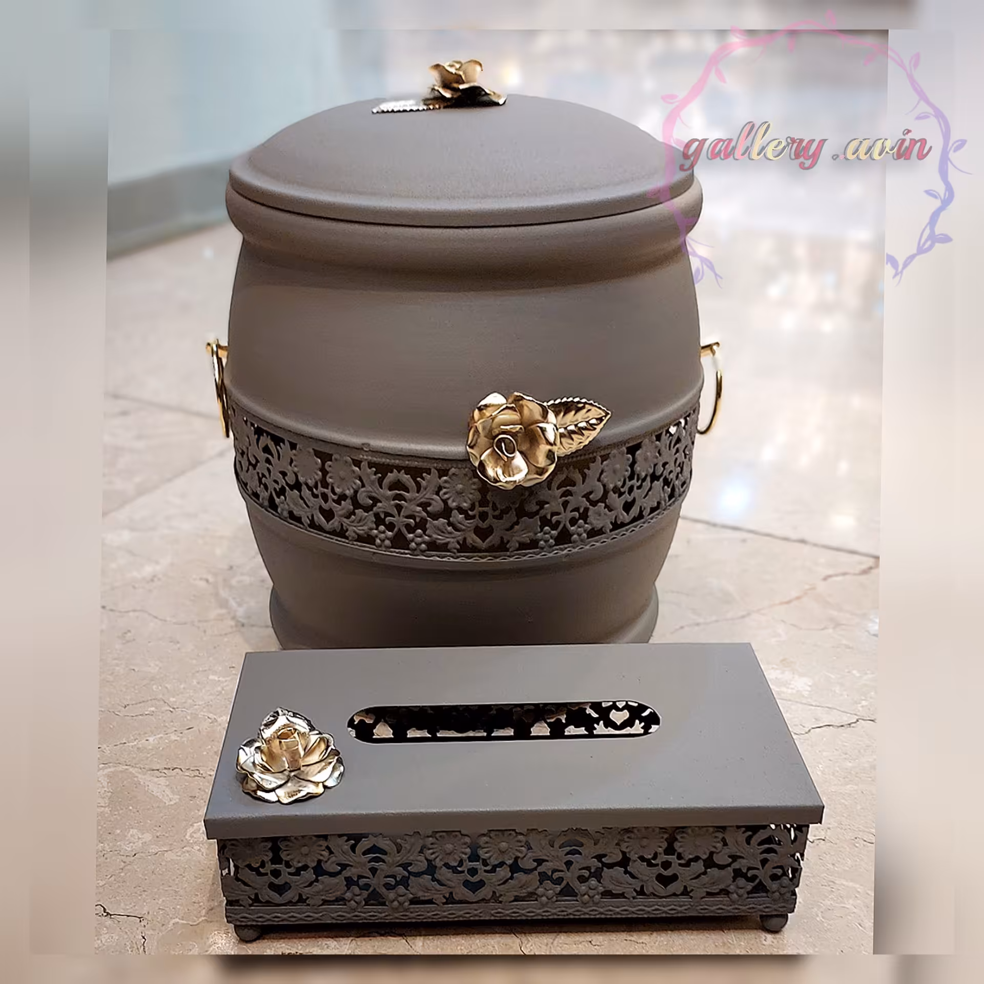 سطل و جای دستمال پذیرایی طوسی گل رز 