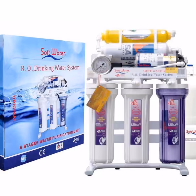 دستگاه تصفیه آب 6 مرحله ای سافت واتر(کارتن دستگاه یکم از نظر ظاهری نم کشیده) -پرداخت کرایه حمل درب منزل