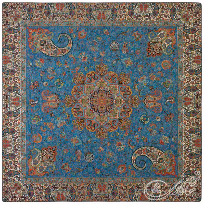 رومیزی ترمه سالاری یزد طرح بهارممتاز ابریشمی ـ مربع یک متر (بغچه) ـ آبی تارسفید